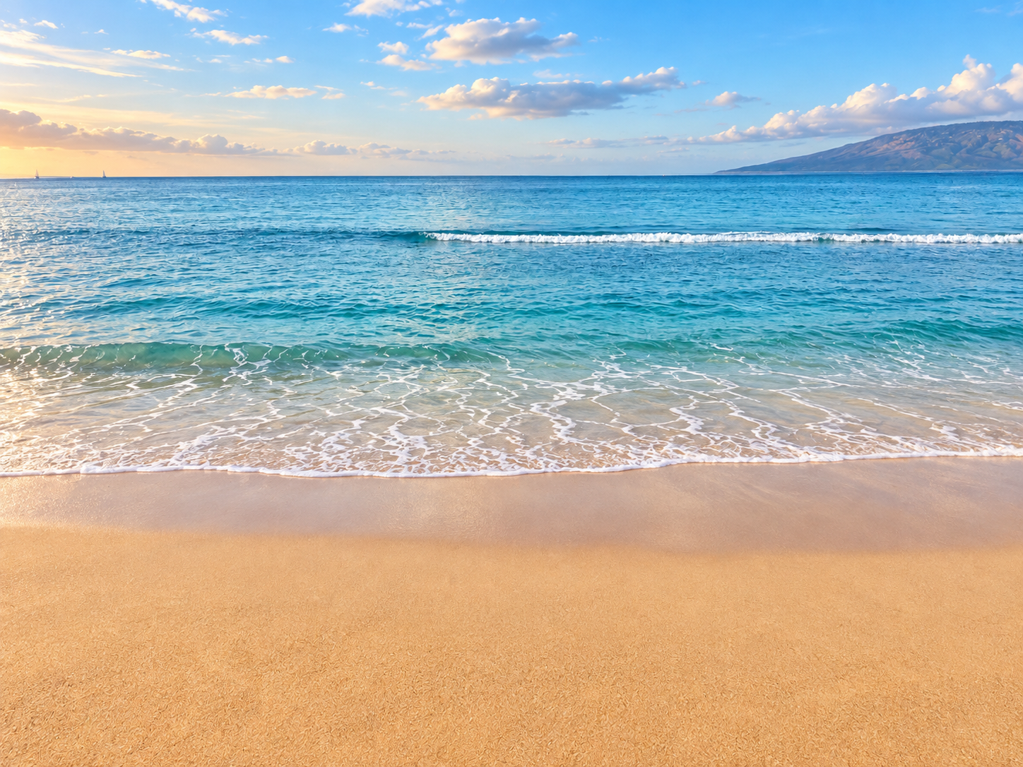 Turquoise ocean waves washing onto golden sand at sunrise